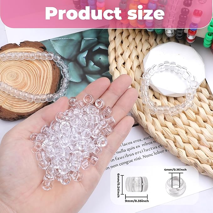 Plastic Pony Beads, 1000 Pcs, 6x9mm, for Bracelet, Hair Braiding, Friendship Bracelets, Jewelry Making (Transparent)