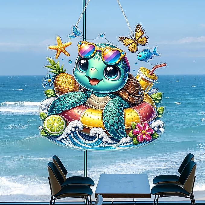 DIY Hanging Diamond Art Kit for Adult – 5D Gem Art Window & Wall Pendant, Acrylic Diamond Painting Ornament for Home & Garden Decoration (Summer sea Turtle)