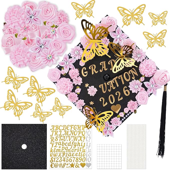 VISSTREE Graduation Cap Decorations Kit, 56 Pcs DIY Cap Decoration with Pink Artificial Flower Rhinestones Letter Stickers 3D Glitter Butterfly for 2026 Graduation Dress Grad Hats Topper