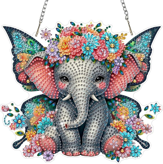 MEIYUDA Elephant Diamond Art Hanging Kits for Adult, Butterfly Elephant Diamond Painting Hanging Kits Ornaments, Animals DIY Special Shaped Rhinestone Window Pendant for Home Garden Wall Decor Gift