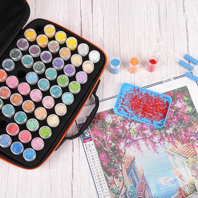60 Slots Diamond Painting Storage Container, Diamond Art Kits for Adults Stackable Bead Organizer with Carrying Handle, Craft Storage Box with Accessories (Ceramic Garden-60 Slots)