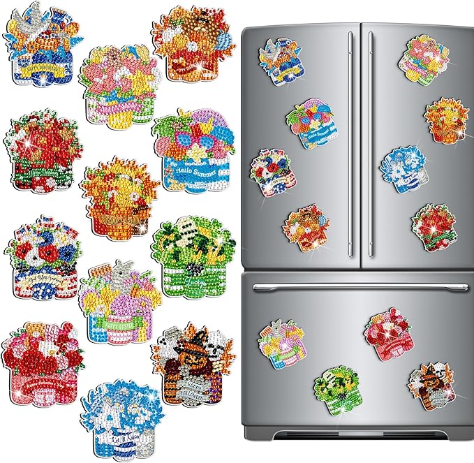 Frienda 12 Pcs Diamond Art Magnets Refrigerator Diamond Painting Magnets Holiday Seasonal Flower Basket Easy Kits Interchangeable for Adults Beginners DIY Flower Home Decors Gifts Craft