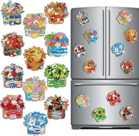 Frienda 12 Pcs Diamond Art Magnets Refrigerator Diamond Painting Magnets Holiday Seasonal Flower Basket Easy Kits Interchangeable for Adults Beginners DIY Flower Home Decors Gifts Craft