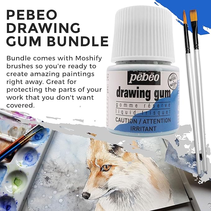 Pebeo Drawing Gum Made in France - Masking Fluid for Watercolor Painting and Various Art Projects - Bundled with Moshify Applicator Brush Set