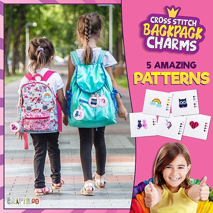 CRAFTILOO Cross Stitch Kit for Kids - 5 Easy Stamped Cross Stitch Kits for Beginners | Embroidery Kit for Girls Ages 7-13 | Needlepoint Craft Set, Backpack Charms & Keychains