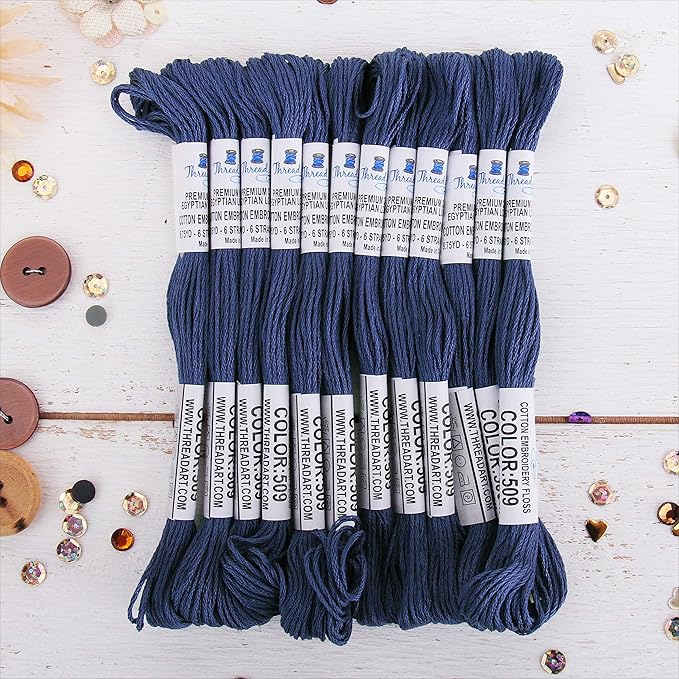 12 Skeins ThreadArt Premium Egyptian Long Fiber Cotton Embroidery Floss | Navy | 6 Strand Divisible Thread 8.75yds Each for Hand Embroidery, Friendship Bracelets, Cross Stitch and Crafts