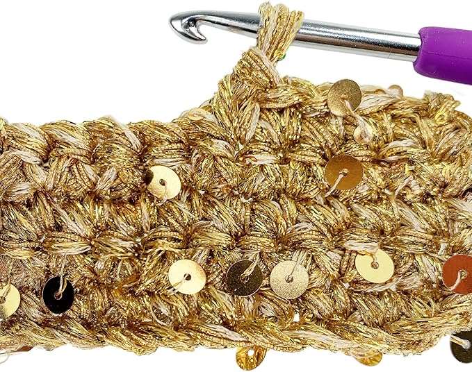 Hand-Blended Multifiber Multicolored Fancy Yarn with Golden Sequins for Knitting Crocheting Crafts DIY, Set of 3 Rolls (Gold)