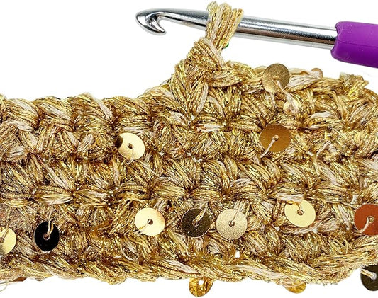 Hand-Blended Multifiber Multicolored Fancy Yarn with Golden Sequins for Knitting Crocheting Crafts DIY, Set of 3 Rolls (Gold)
