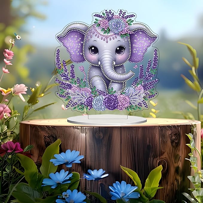 JJFox DIY Tabletop Diamond Art Painting Kit，Desktop Ornament Special Shaped Rhinestone Desk Placement Ornament，Home Stand Up Gem Painting Craft Kit Gift Double Sided (Elephant Calf)