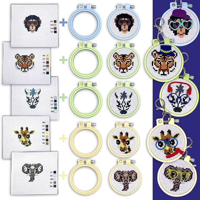 Safari Animals Cross Stitch Kits for Beginners. 5 Stamped Cross Stitch Kits for Kids.Needlepoint Kits for Beginners. Embroidery Kit for Kids. Crossstitch Kit for Beginners. Girls Cross Stitch kit