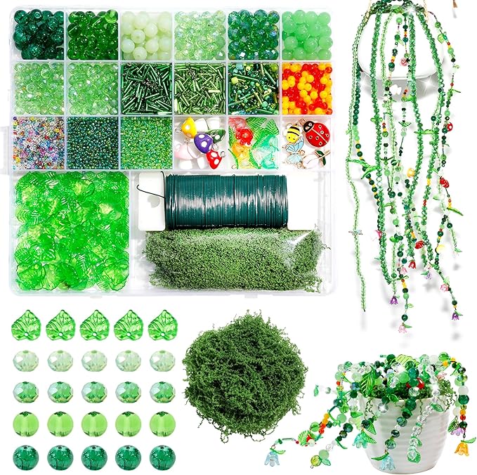 4020pcs Green Glass Beads Kit, Plant Beaded Crystal Glass Leaf Bead for Succulent Plant Making and DIY Crafts