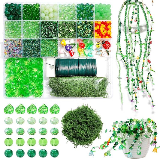 4020pcs Green Glass Beads Kit, Plant Beaded Crystal Glass Leaf Bead for Succulent Plant Making and DIY Crafts