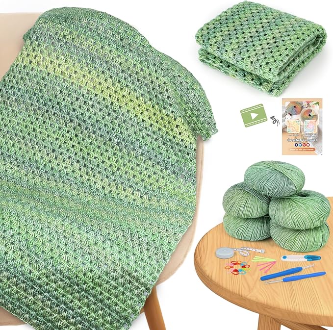 Aeelike Blanket Crochet Kit for Beginners, Super Easy Crochet Blanket Kit with Soft & Colorful Gradient Yarns Detailed Video Tutorials Crocheting Accessories, Moss Green Gradient & Ideal Gift