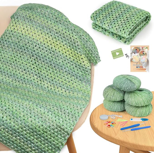 Aeelike Blanket Crochet Kit for Beginners, Super Easy Crochet Blanket Kit with Soft & Colorful Gradient Yarns Detailed Video Tutorials Crocheting Accessories, Moss Green Gradient & Ideal Gift