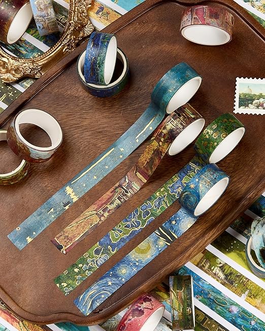 YUBX Landscape Washi Tape Set in Oil Painting Style 20 Rolls Scenery Drawing Masking Gold Foil Graphic Decorative Tapes for Arts, DIY Crafts, Journals, Planners, Scrapbook, Wrapping (Classic)