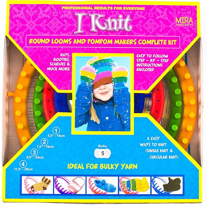 Mira HandCrafts Complete Round Knitting Loom Kit - 4 Knitting Circle Looms, 4 Pompom Makers, 3 Plastic Needles, 1 Soft Grip Pick - Crochet Craft Kit for Beginners - Crochet Hat Maker