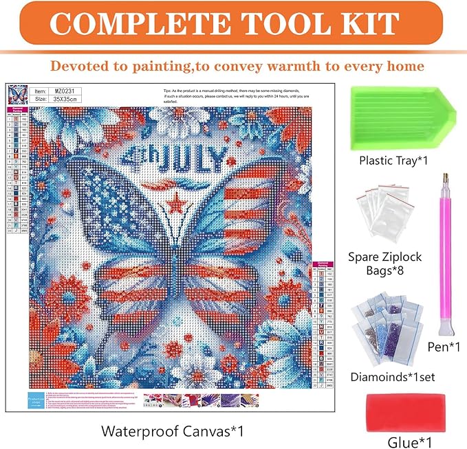 igoodom July 4th Diamond Art Kits for Adults, Independence Day Diamond Painting Kit, Full Drill Round Butterfly Diamond Art Kits, DIY Gem Art and Crafts for Home Wall Decor Gift 14x14inch