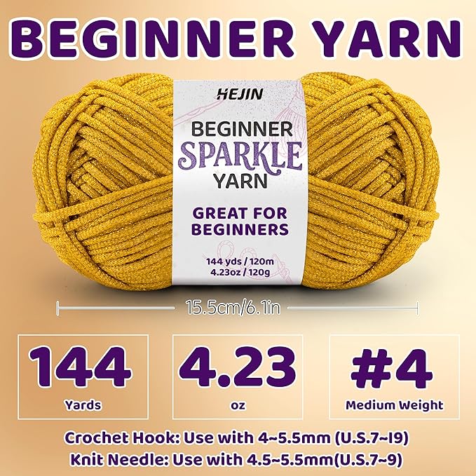 120g Gold Sparkle Yarn for Crocheting and Knitting; 120m(144yds) for Beginners with Easy-to-See Stitches; Worsted-Weight Medium #4; Yarn for Beginners Crochet Kit Making
