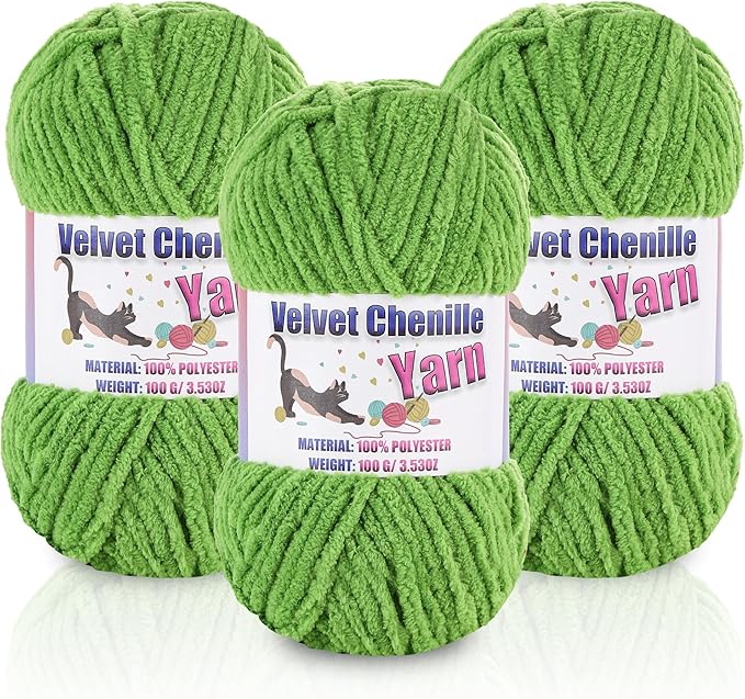 3 * 100g/3.5oz Fluffy Chenille Yarn for Crocheting, Chunky Velvet Yarn for Crochet Amigurumi, Used for Making Baby Yarns Blanket, Clothes, Pattern Knitting Creations (Grass Green)
