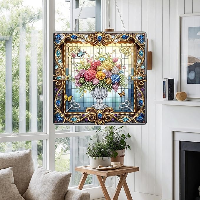 Diamond Art Kit for Adult, Special Shaped Rhinestone, DIY Acrylic Painting Window Pendants, Home Garden Wall Hanging Ornament, Double Sided (Flower-1)