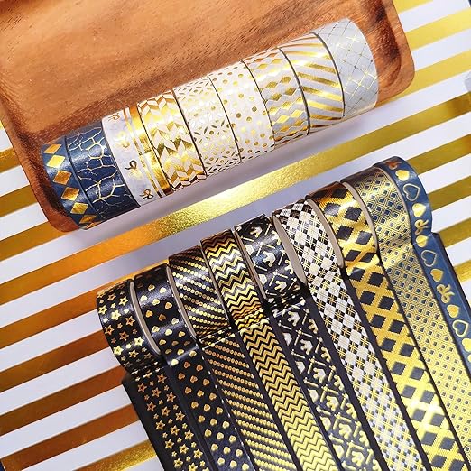 YUBBAEX 18 Rolls Black Gold Washi Tape Set Basic Patterns Foil Print Decorative Tapes for Arts, DIY Crafts, Bullet Journals, Planners, Scrapbook, Wrapping (15mm) (Black Gold Pack x 18 Rolls)