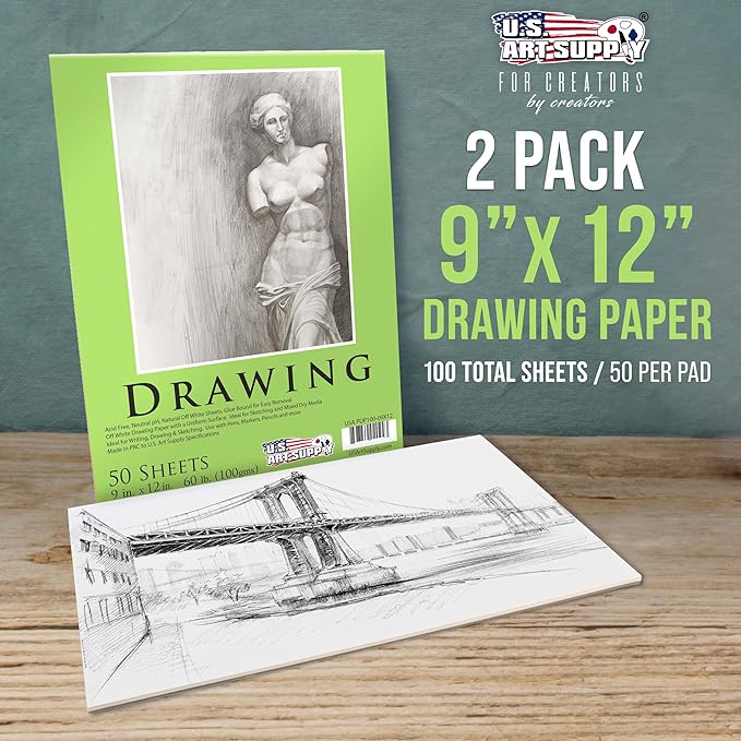 u.s. art supply 9" x 12" premium drawing pad, pack of 2 (50 sheets each), 60 lb (100 gsm) - artist sketch book, mixed media paper, sketchbook for drawing, colored pencils, charcoal - adults, students