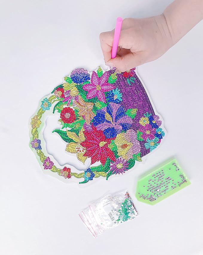 YEESAM ART DIY 5D Rhinestone Painting Christmas Decorations Hanging Kit, Colorful Flowers 20x23cm Rhinestone Art for Wall Door Window Decorations Hanging Mosaic Crafts Ornaments