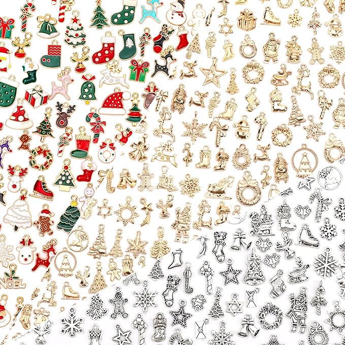 SANNIX 350Pcs Christmas Charms, Xmas Enamel Charms Mixed Bulk Antique Gold Tibetan Silver Jewelry Pendants for Bracelet Necklaces Earrings Making and Holiday Decorations