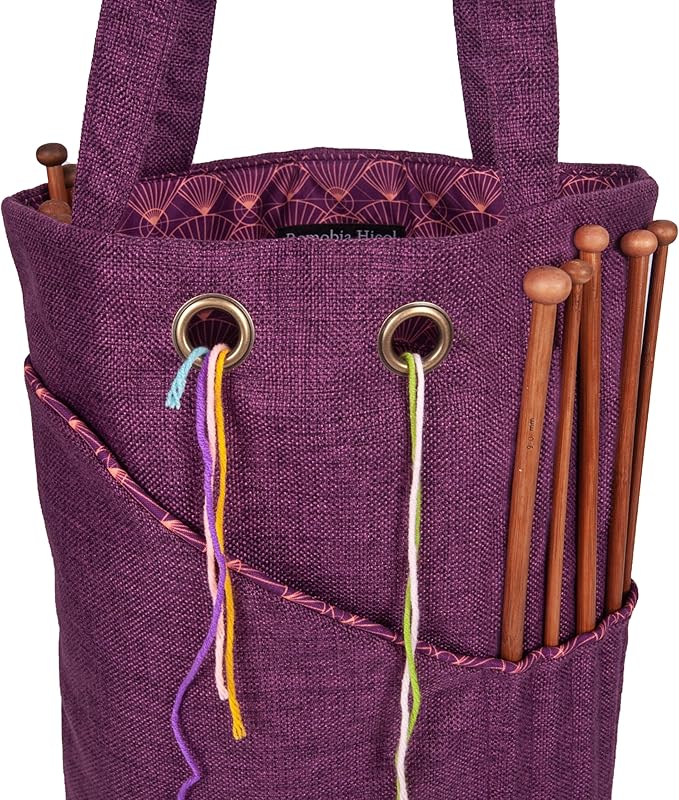 Linen Knitting Project Tote Bag,Portable Yarn Storage Bag for Crochet Accessories/Needles,Crochet Hooks Organizer,Knitting Bag for Crochet Lovers (Purple)