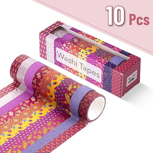 Mr. Pen- Washi Tape Set, 10 Rolls, 15mm Wide, 5 Yards/Roll, Summer Fiesta Design (Glitter, Silver & Gold Foil), Washi Tape for Journaling