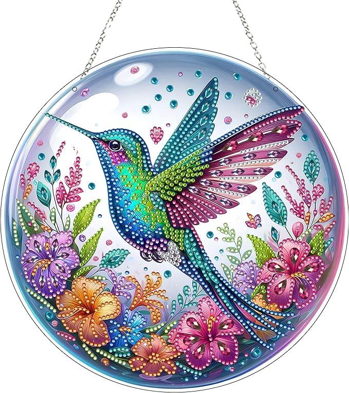 JJFox Diamond Art Hanging Kit for Adult,Special Shaped Rhinestone,DIY Acrylic 5D Diamond Art Painting Window Pendants Home Garden Wall Hanging Kits Hanging Ornament,Double Sided. (Hummingbird)