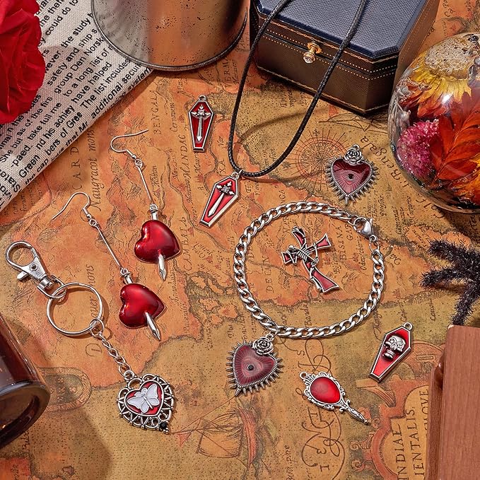 WEWAYSMILE 14Pcs Halloween Charm Pendant Red Skull Charm Witchy Charms for Jewelry Making Kit Hearts, Small Crosses Halloween Jewelry for DIY Necklace Bracelet Earring Accessories