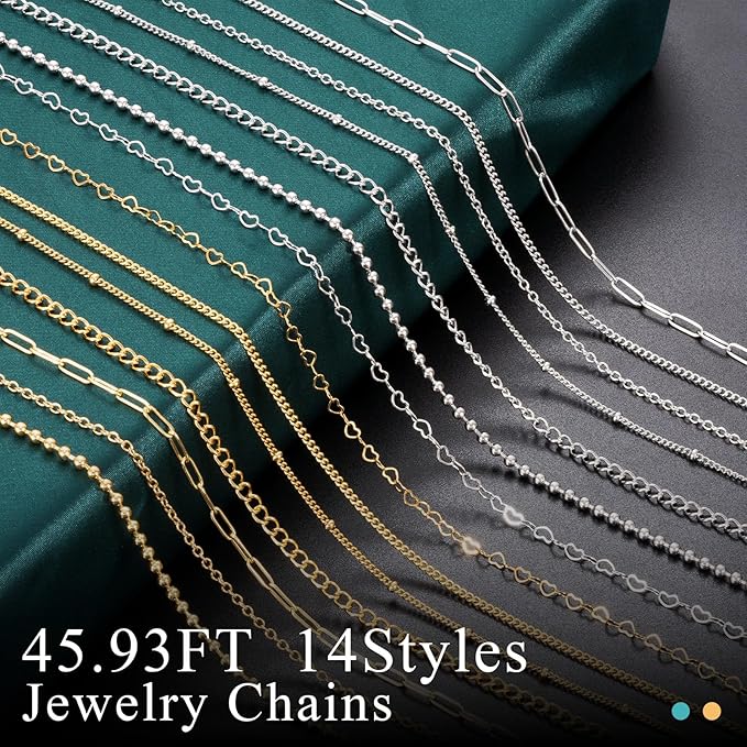HUISUYTON Necklace Chain for Jewelry Making,45.93 FT 14 Rolls Stainless Steel Jewelry Chains Bulk with Jump Rings, Lobster Clasps, Connectors for DIY Necklace Earring Bracelet