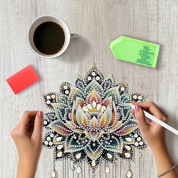 SENQAO Lotus Diamond Art Hanging Kit for Adult, Special Shaped Rhinestone, Double Sided DIY Acrylic Diamond Art Painting Window Pendants Home Garden Wall Hanging Kits Hanging Ornament