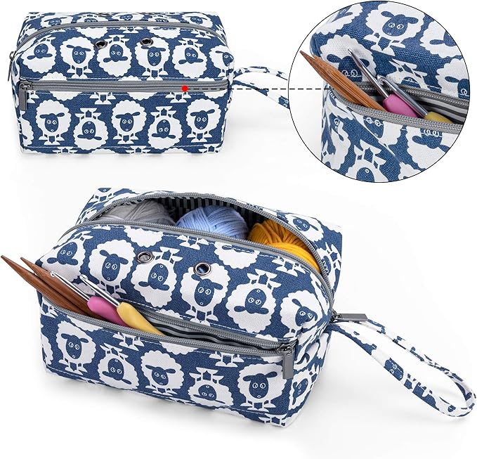LUXJA Small Yarn Storage Bag, Portable Knitting Bag for Yarn Skeins, Crochet Hooks, Knitting Needles (up to 8 Inches) and Other Small Accessories (Sheep)