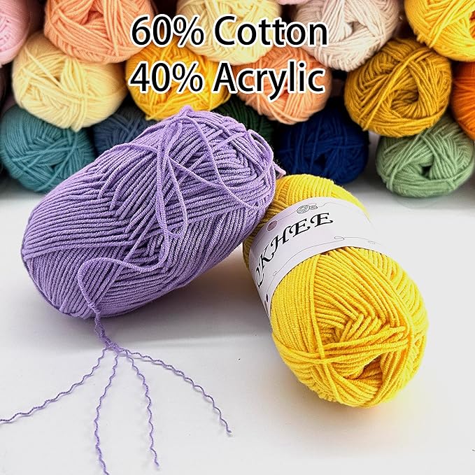 QKHEEYarn for Crocheting and Knitting 8 * 1.76 Oz (50G) /195yd, Fine/Fingering Weight (1), 60% Cotton 40% Acrylic Soft Yarn kit for Making Granny Squares and amigurumi (Light Gray)