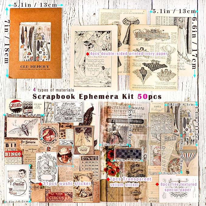 CATaireen Vintage Junk-Journal Mixed Paper Scrapbooking Embellishments Set Retro Journaling Decoupage Stickers Textured Packaging Decorative Cards Tags Kit (Old Memory)