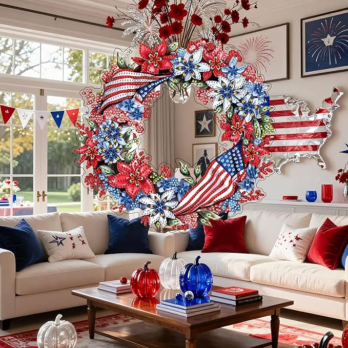 5D Diamond Art Hanging Kit for Adult,Special Shaped Rhinestone,Double Sided DIY Acrylic Diamond Art Painting Window Pendants Home Garden Wall Hanging Kits Hanging Ornament (Independence Day Wreath)