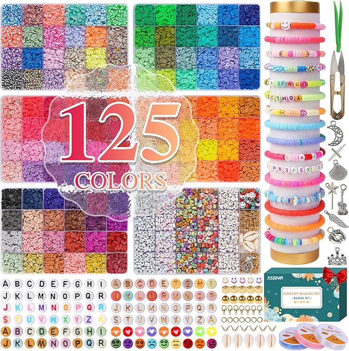 XSEINO 23000Pcs Clay Beads Bracelet Making Kit, 6Boxes 125Colors Friendship Polymer Beads and 5 Styles Letter Beads with Jewelry Making Accessories and 3 Rolls Crystal Cord for Crafts Christmas Gifts