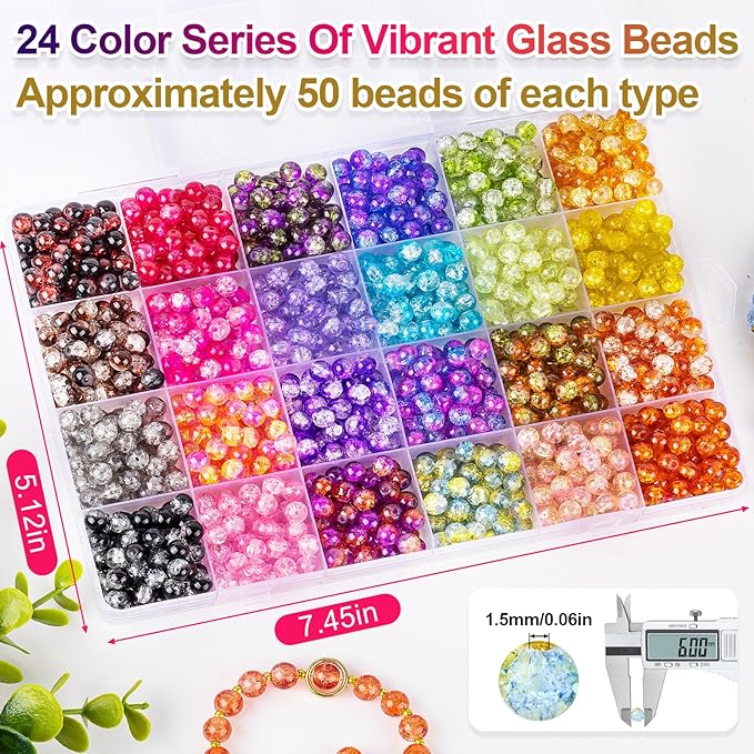XSEINO About 1200+ PCS 6mm Cracked Style Glass Beads Bracelet Making Kit, 24 Assorted Colorful Crack Series Crystal Beads for Jewelry Making and DIY Crafts, Friendship Bracelets