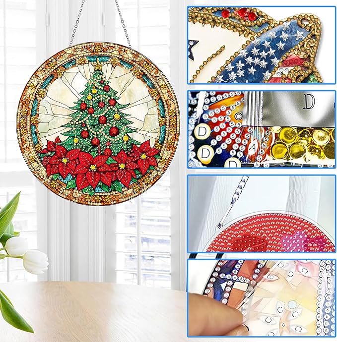 Reofrey Hanging Diamond Art Kits for Adults - 8x8 Inch Christmas Tree Acrylic Board Double Sided Pattern Diamond Art Suncatcher Pendant, Crystal Art for Home Wall Window Decoration Handmade Gift