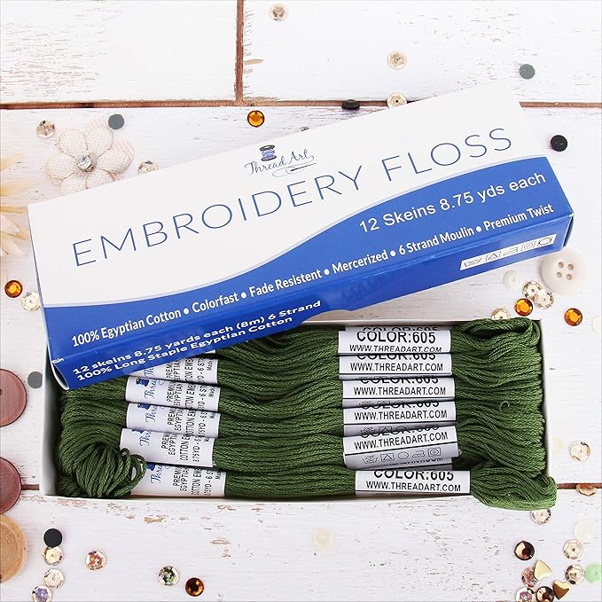 12 Skeins ThreadArt Premium Egyptian Long Fiber Cotton Embroidery Floss | Hunter Green | 6 Strand Divisible Thread 8.75yds Each for Hand Embroidery, Friendship Bracelets, Cross Stitch and Crafts