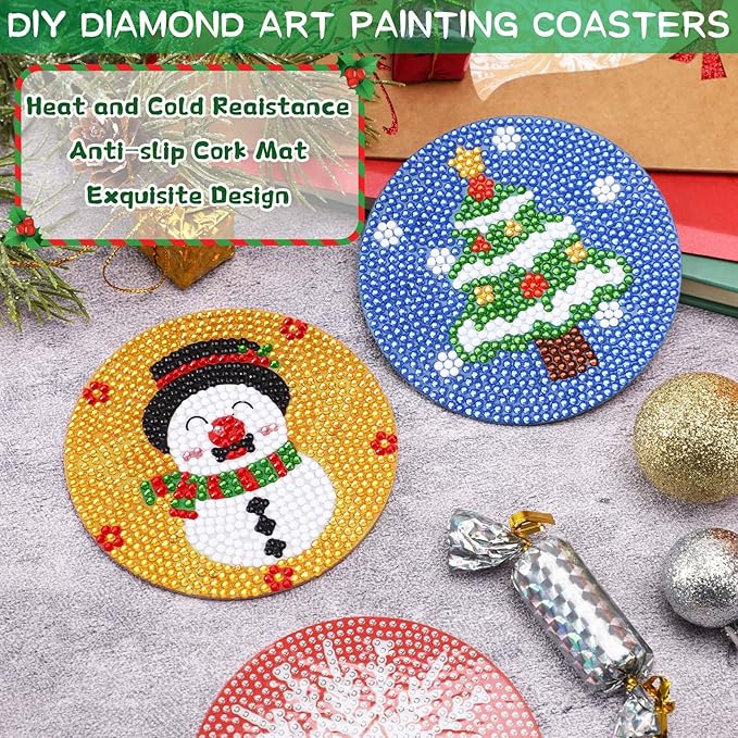 UPINS 8Pcs Christmas Diamond Art Painting Coasters with Holder for Drinks DIY Life Coaster Diamond Art Kits for Adults Kids Beginners Diamond Art Craft Supplies