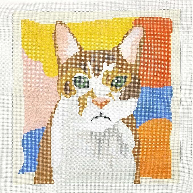 Howie's Needlepoint Needlepoint Kits for Adults, Pillow Front Cross Stitch Kit with Embroidery Pattern on Canvas, Yarn, 2 Needles and Instruction, 16 x 16inch(Cat)