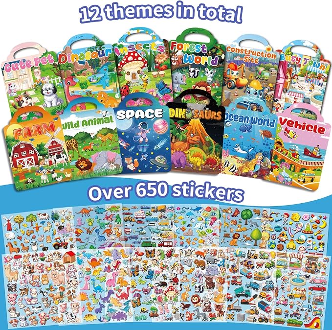kalysky 12 set reusable sticker books for toddlers 2-4 1-3, kids 3d puffy sticker activity books, birthday party favors goodie bags stuffer