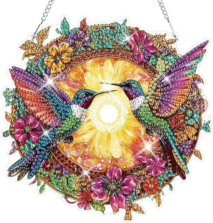 HEIBAGO Hummingbird Hanging Diamond Art Kits for Adults, Fall Special Shaped Crystal Diamond Painting Ornament Kit, DIY Double-Sided Pattern Window Pendant Gem Art Kit for Home Wall Decor 8.3x8.3inch