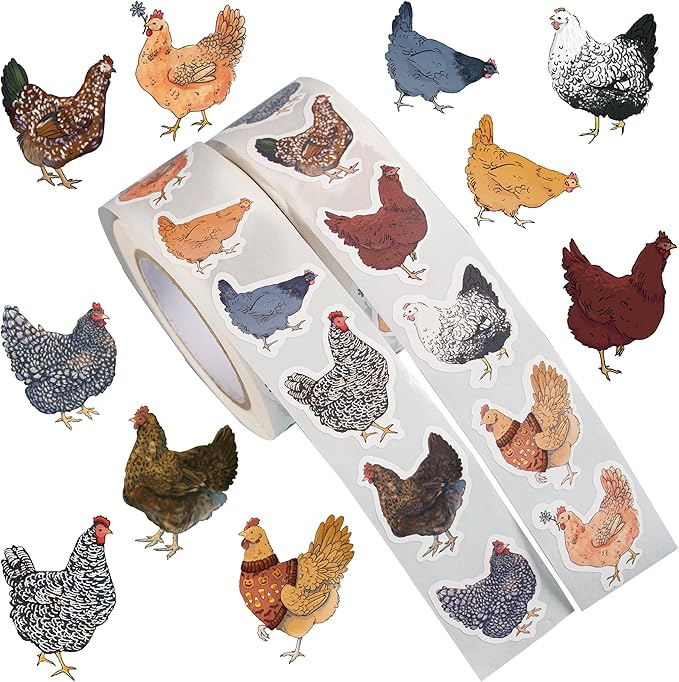 1000pcs chicken stickers roll, 2 rolls 10 styles cute hen and farm stickers, waterproof vinyl decals for water bottles laptops scrapbooking party favors classroom rewards