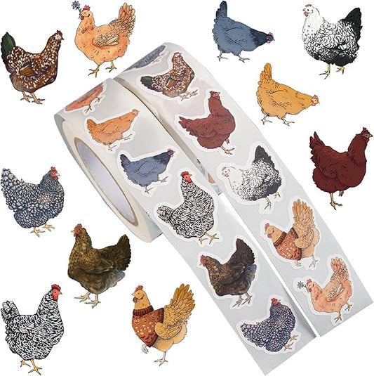 1000pcs chicken stickers roll, 2 rolls 10 styles cute hen and farm stickers, waterproof vinyl decals for water bottles laptops scrapbooking party favors classroom rewards
