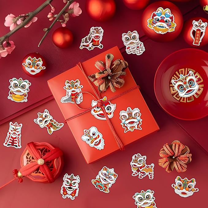 h1vojoxo chinese new year sticker rolls - 1000pcs chinese lunar new year stickers for kid 16 design cartoon lion dance stickers for craft waterproof lion dance decal decoration for water bottle laptop
