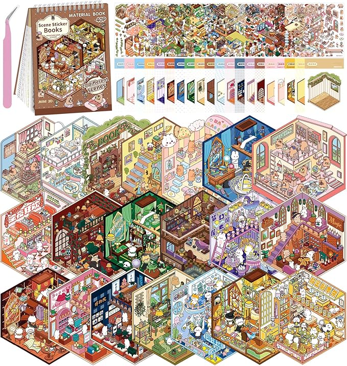 DIY 3D House Stickers,20 Sets Fun DIY Stickers Scene Make Your Own Mini House Cute Cartoon Animal Scene Sticker for Kids Adult Sticker Art Relief Stress Pass The Time Holiday Christmas Fun